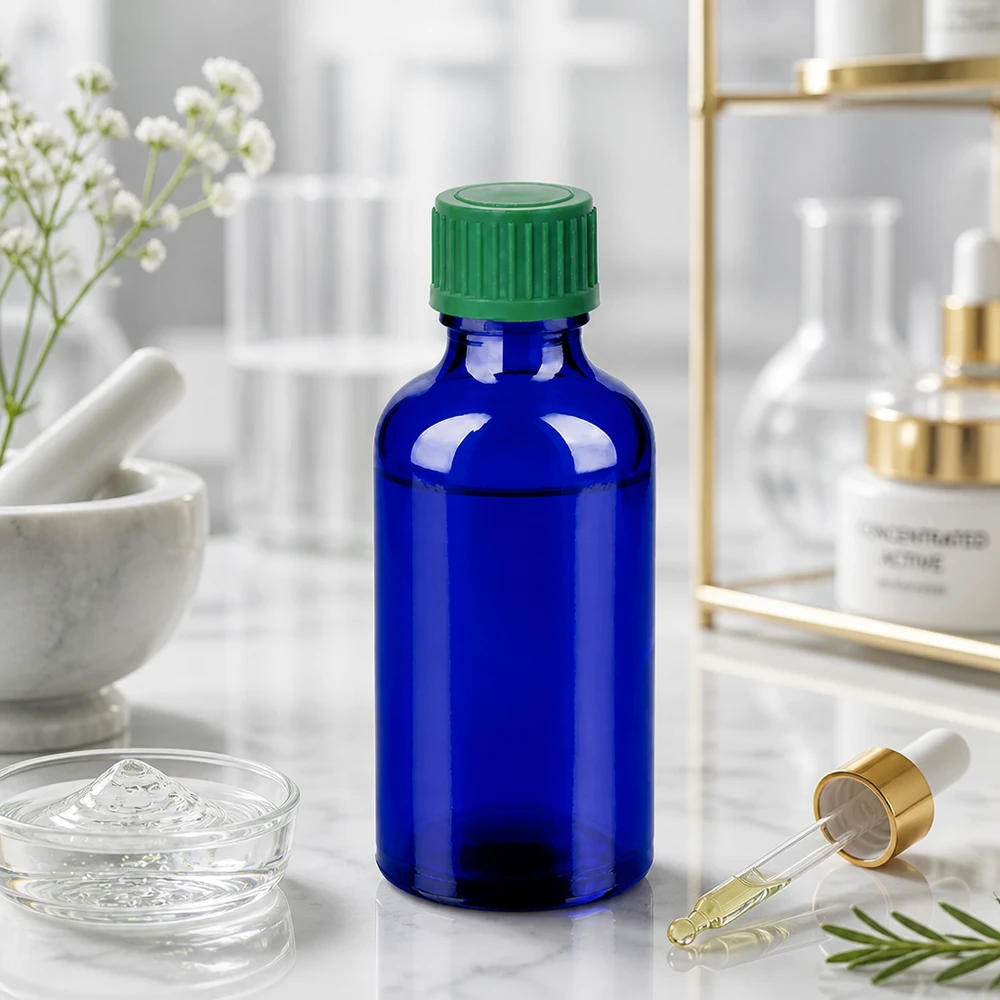 Mundgeblasene Glasflasche 50ml mit ergonomischem Design für einfache Handhabung und Dosierung