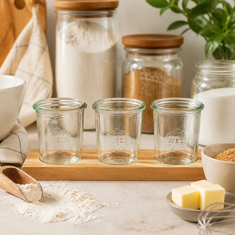 Servírovací prkénko Plano3 se 3 kelímky Weck 160 ml Weck Sturzgläser 160ml leer auf Bambusservierbrett Plano3 in Küche mit Backzutaten Mehl und Butter