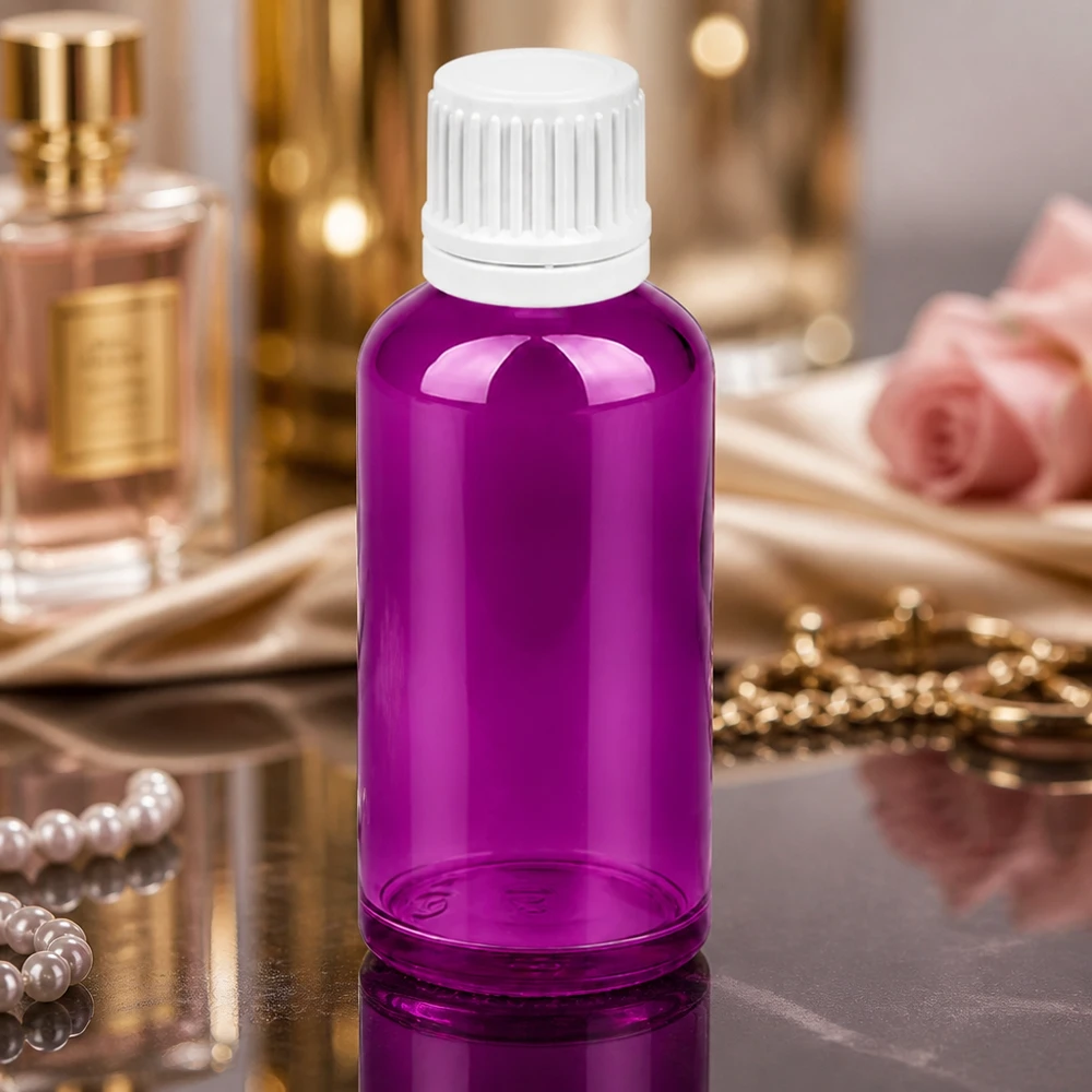 50ml lahvička s kapátkem 0,7mm bílé sklo Originality šroubovací uzávěr PurpleLine UT18/50 Stylische 50ml Flasche mit weißem Tropfverschluss und lila Korpus für DIY Kosmetikprodukte