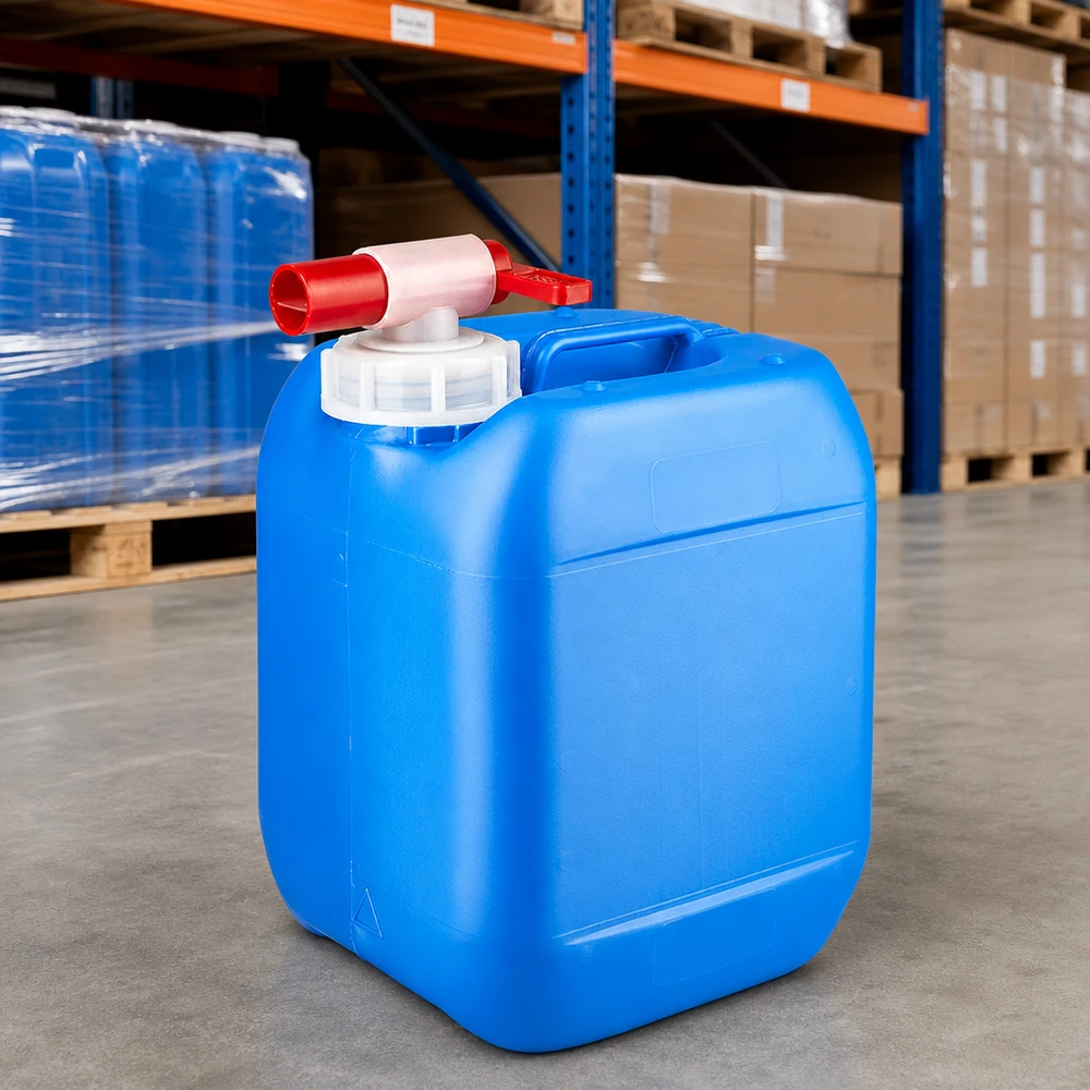 Kanystr 5 litrů modrý s vypouštěcím kohoutem Stapelbarer blauer Industriekanister 5 Liter mit Sicherheitshahn vor Lagerregalen