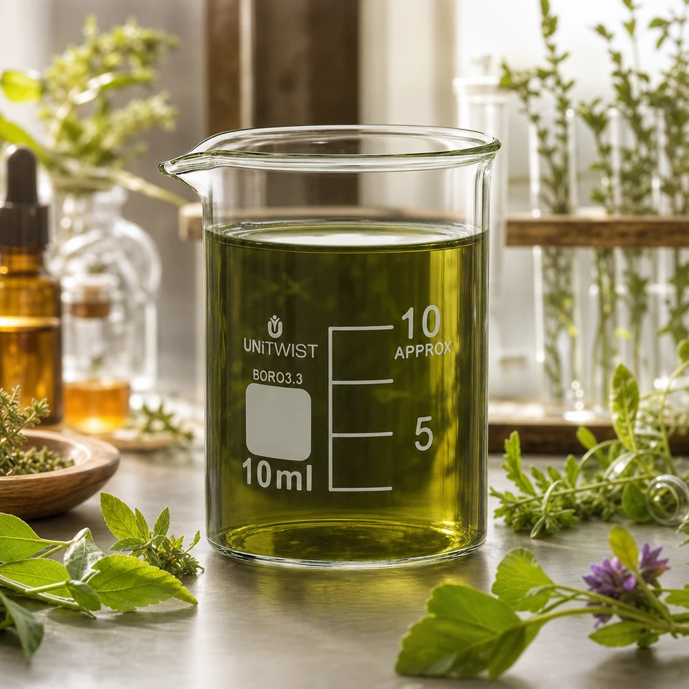 Kádinka 10 ml borosilikátová, nízká forma UNiTWIST Transparentes Laborglas 10ml mit grünem Kräuteröl neben Amber-Tropfflaschen und Heilkräutern