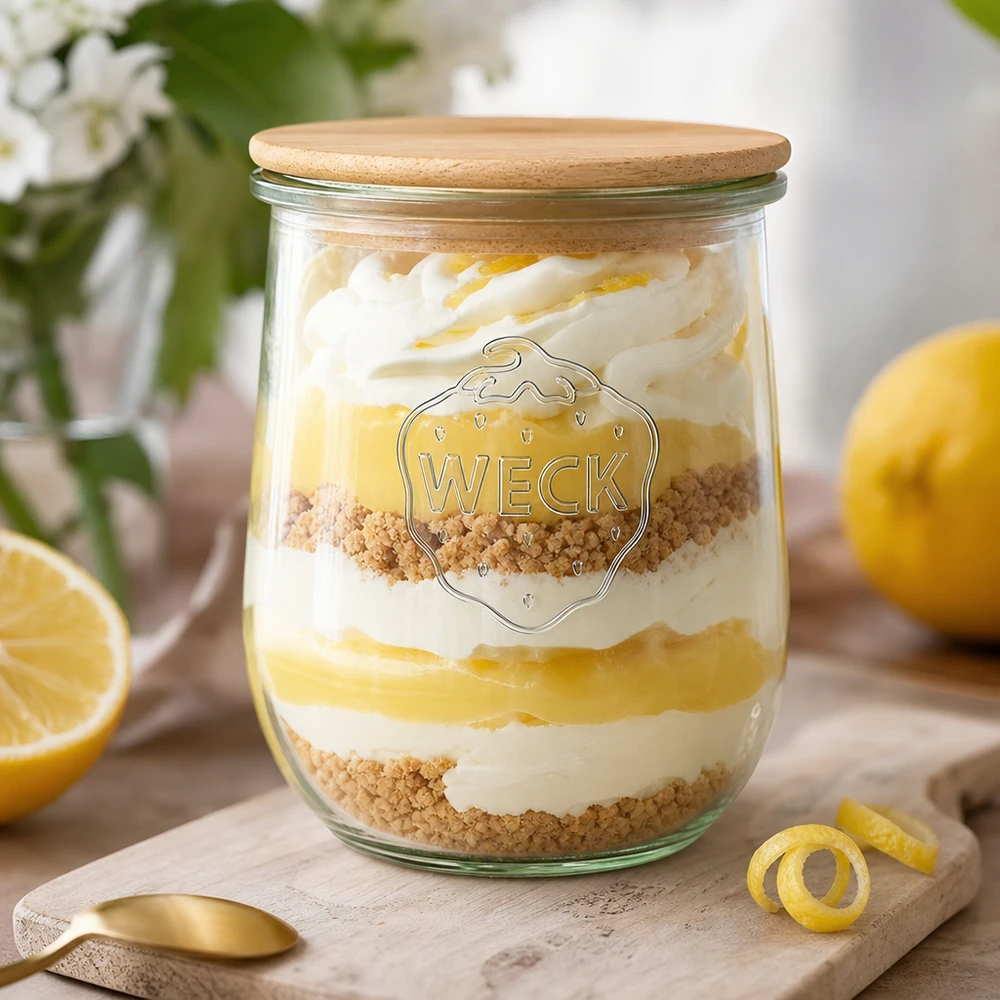 WECK RR100 Tulpenglas 1062ml mit Holzdeckel als Dessertglas mit Zitronencreme und Streuseln dekorativ arrangiert