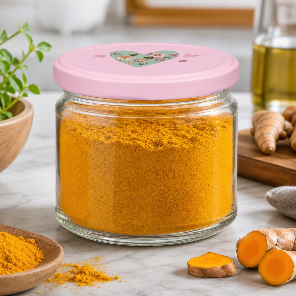 330ml kulatá sklenice + víčko BasicSeal srdíčková růžová UNiTWIST 330ml Rundglas gefüllt mit Kurkumapulver zeigt praktische Küchenaufbewahrung mit dekorativem rosa Herzdeckel