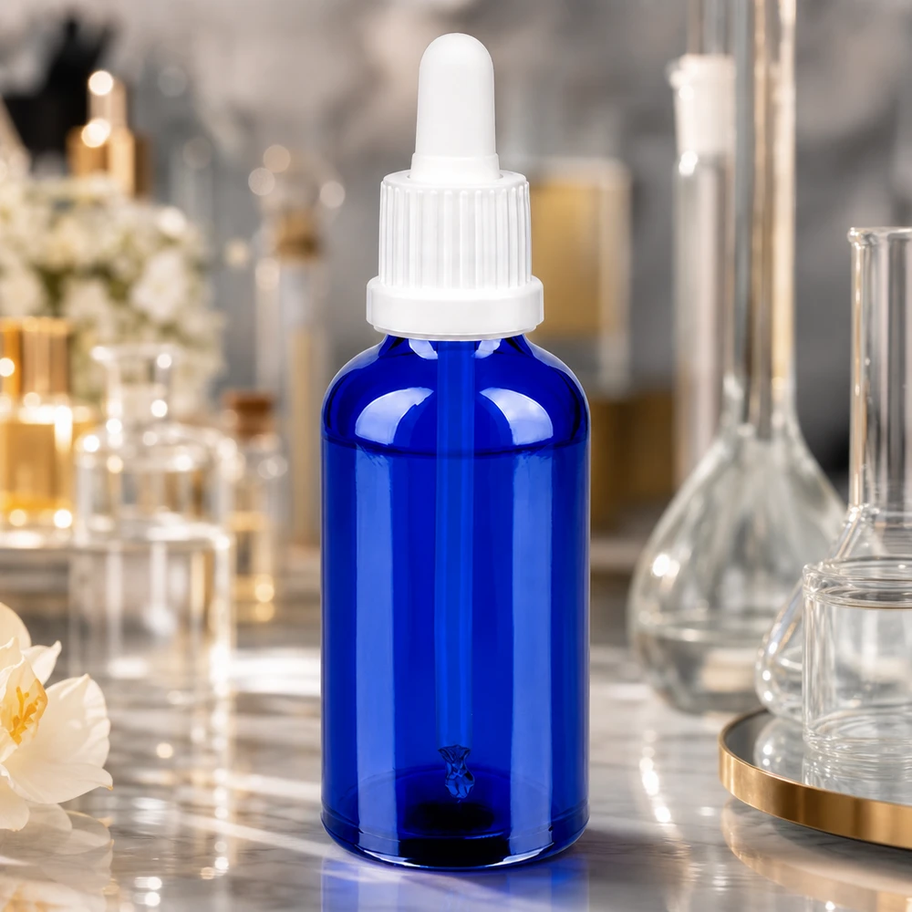 50ml pipetovací láhev bílá s uzávěrem proti neoprávněné manipulaci BlueLine UT18/50 50ml Pipettenflasche OV BlueLine UT18/50 aus robustem Glas für langlebige Aufbewahrung