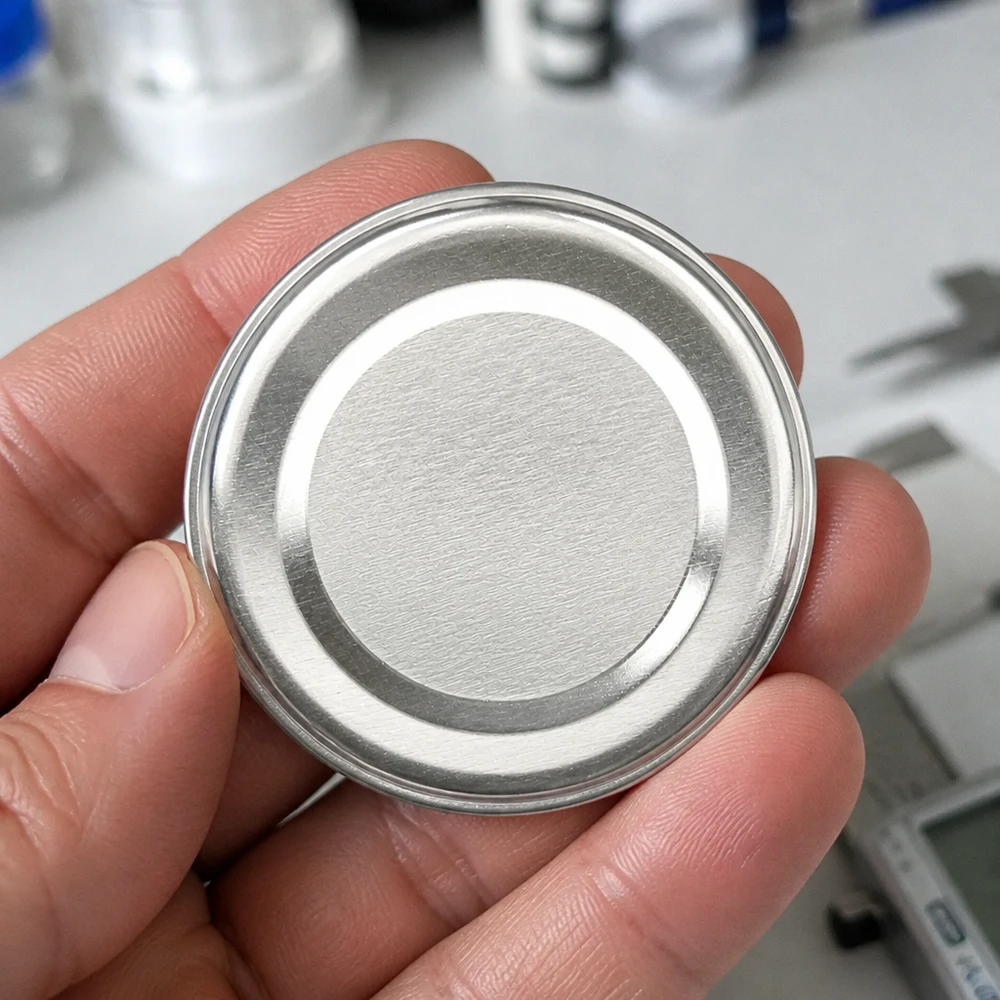 43mm víko BasicSeal stříbrné (TO43) UNiTWIST Detailní záběr stříbrného víčka na zavařovací sklenice TO43 o průměru 43 mm s hladkým kovovým povrchem UNiTWIST BasicSeal