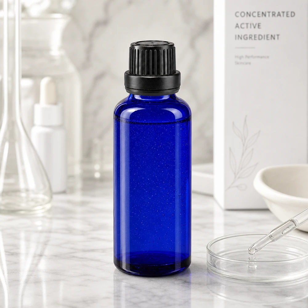 Blaue UV-Schutz Tropfflasche aus Apothekerglas 30ml mit präzisem 2mm Dosiereinsatz