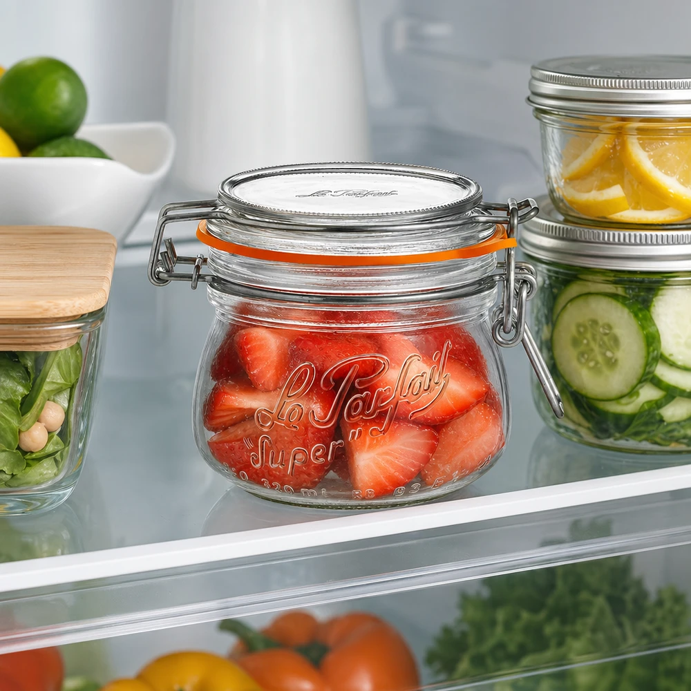 250ml Vorratsglas "Super" mit Bügelverschluss Le Parfait® 250ml Le Parfait Super Vorratsglas mit Bügelverschluss gefüllt mit Erdbeeren im Kühlschrank neben anderen Gläsern