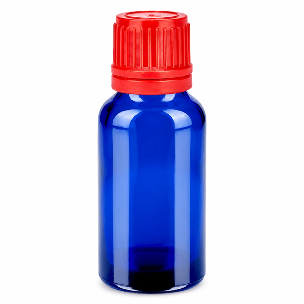 20ml láhev 11mm šroubovací uzávěr červený tamper-evidentní uzávěr BlueLine UT18/20 Kompakte 20ml Flasche für Aromatherapie und Naturkosmetik mit blauem UV-Schutzglas
