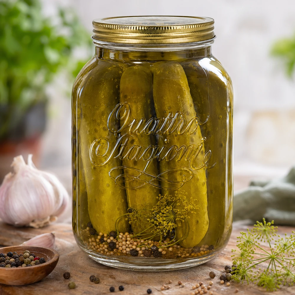 3000ml kulatá dóza "Quattro Stagioni" s víčkem 3000ml Quattro Stagioni Einmachglas mit eingelegten Gurken Gewürzen und Dill zeigt perfekte Konservierung