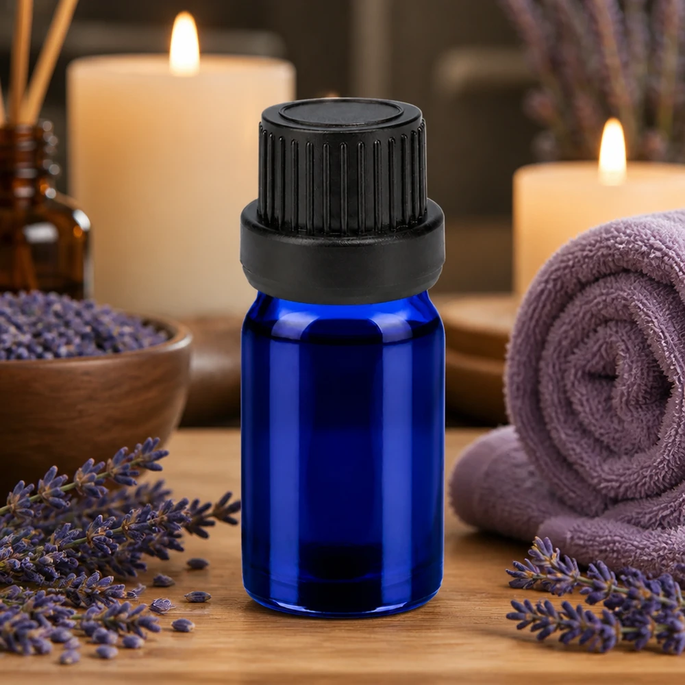 Lahvička 5ml 11mm šroubovací uzávěr černý BlueLine UT18/5 s ochranným uzávěrem proti manipulaci Mediterrane 5ml Flasche in Kobaltblau mit ergonomischem 11mm Verschluss für Wellness
