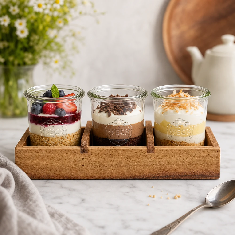Akazienholz Servierbrett Box3 mit drei WECK Gläsern Dessert Joghurt Beeren Schokolade Kokosnuss Küchenpräsentation