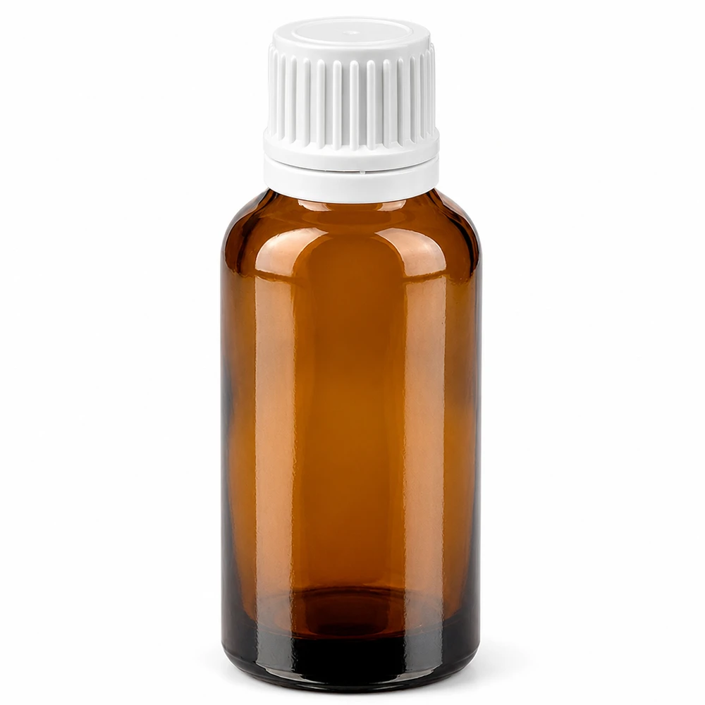 30ml láhev 11mm šroubovací uzávěr bílý tamper evidentní uzávěr BrownLine UT18/30 Braune 30ml Glasflasche mit weißem Schraubdeckel - ideal für lichtempfindliche Substanzen