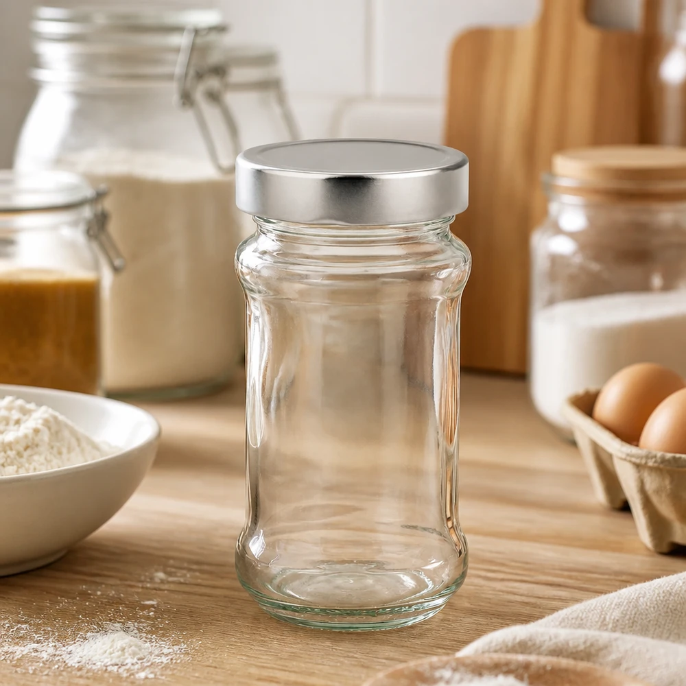 390ml kulatá skleněná nádoba + víčko BasicSeal stříbrné hluboké UT