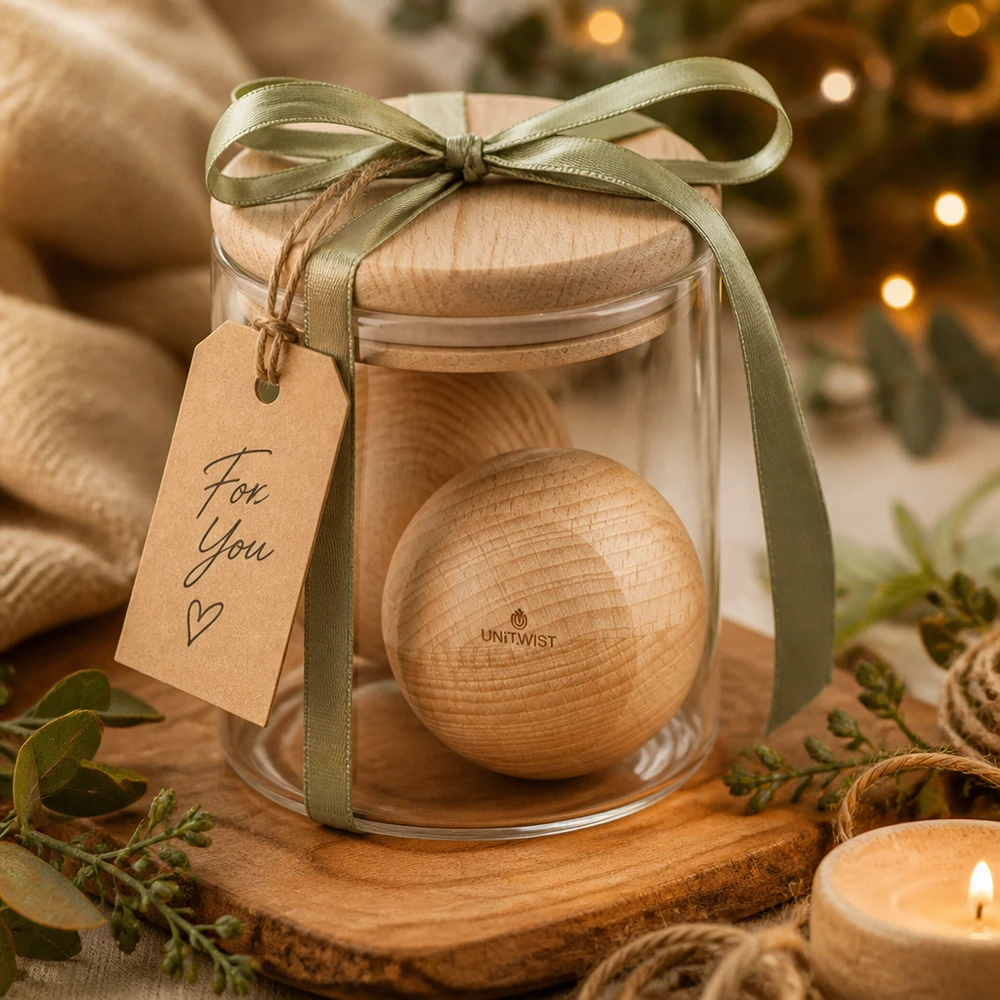 Dřevěná koule UNiTWIST (buk) pro WECK RR80 UNiTWIST Holzkugel Buche WECK RR80 als Geschenk im Glas mit grüner Schleife und For You Anhänger dekoriert