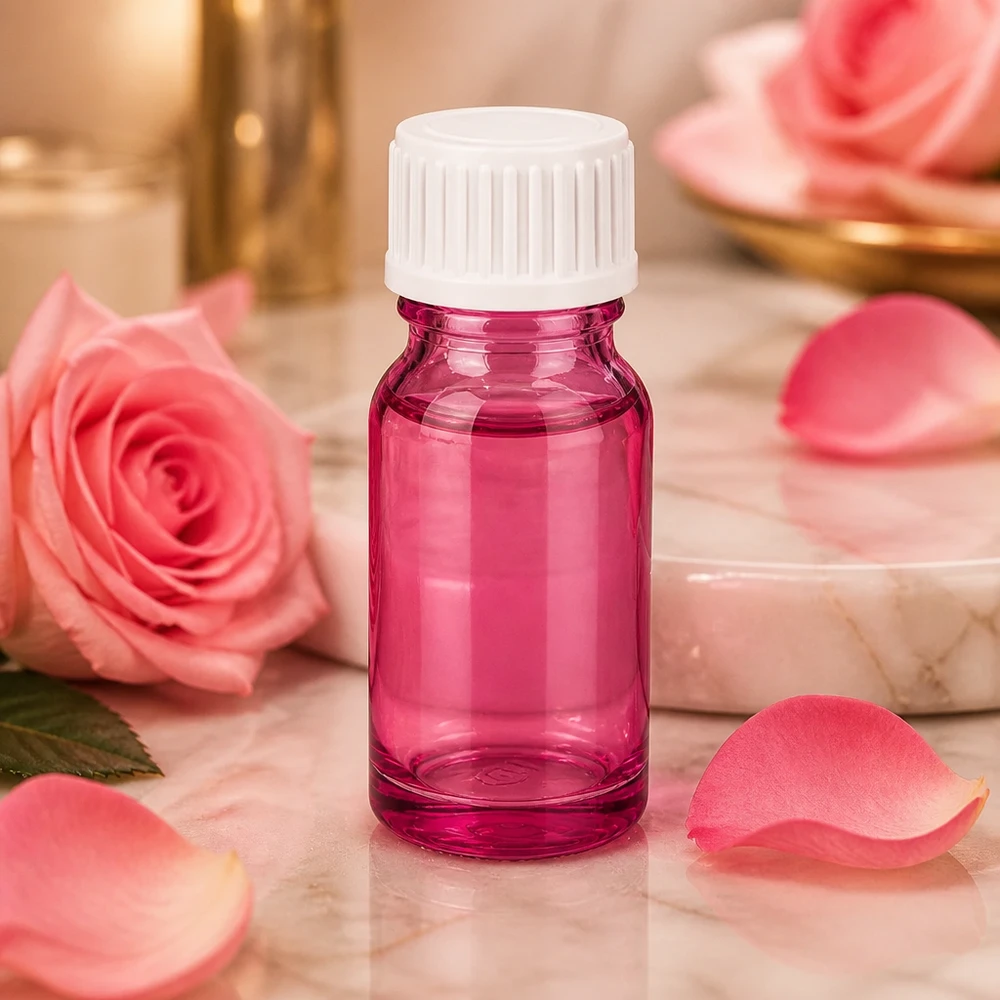 Lahvička o objemu 10 ml (globule). Nalévací kroužek 3 mm bílý standardní PurpleLine. UT18/10 Elegante 10ml Flasche in Purple-Design mit UV-Schutz für lichtempfindliche Substanzen