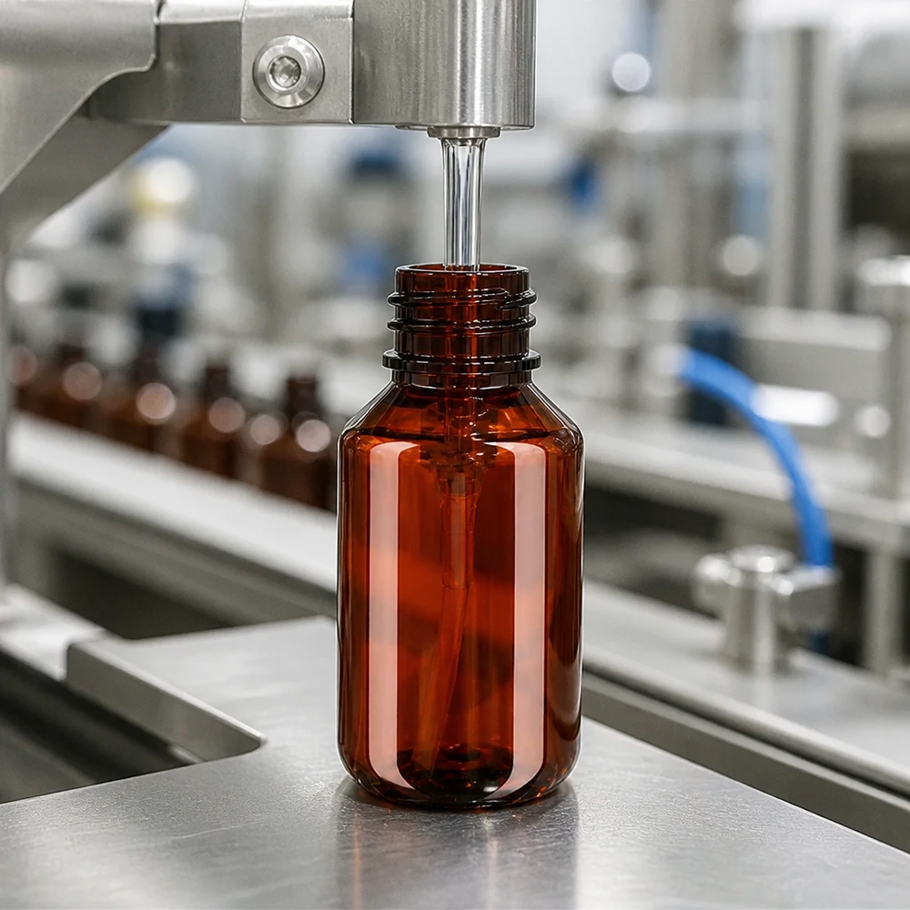 PET láhev 100ml s dávkovací pumpičkou černá Plnicí linka plní jantarově zbarvené 100ml PET láhve na dopravním pásu ve farmaceutické výrobě