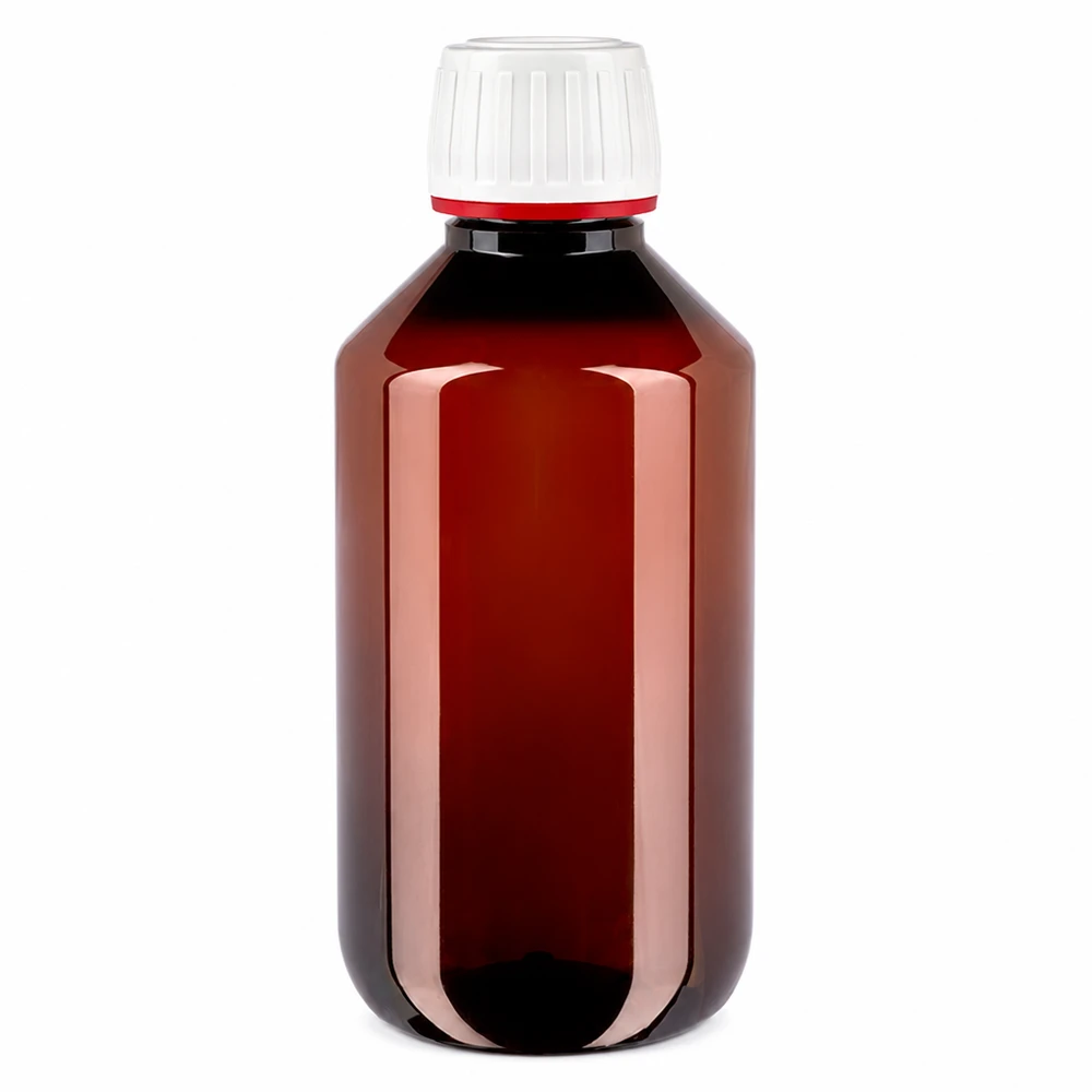 PET láhev 200ml s bílým/červeným uzávěrem s ochranou proti manipulaci. PET láhev 200 ml, hnědá, s originálním uzávěrem v barvách bílé a červené, pro farmaceutický průmysl a laboratoře