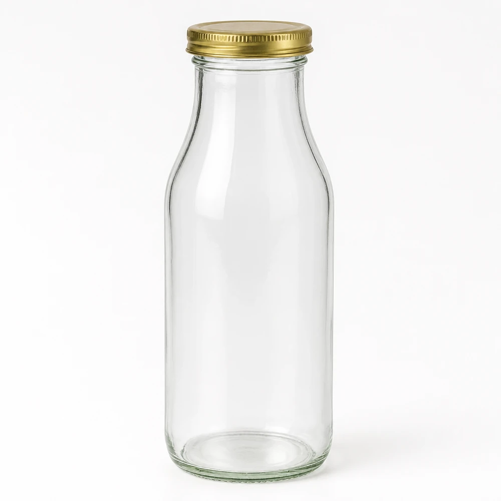 Láhev o objemu 263 ml se zlatým víčkem UNiTWIST BioSeal. Leere Glasflasche UNiTWIST Bottle263 mit goldenem Schraubdeckel TO43 BioSeal vor weißem Hintergrund