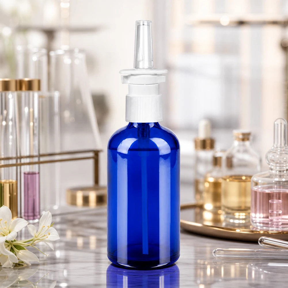 100ml lahvička na nosní sprej černá bílá/průhledná standardní uzávěr BlueLine UT18/100 Mundgeblasene 100ml Nasensprayflasche mit glatter Oberfläche für optimale Reinigung und Sterilisation
