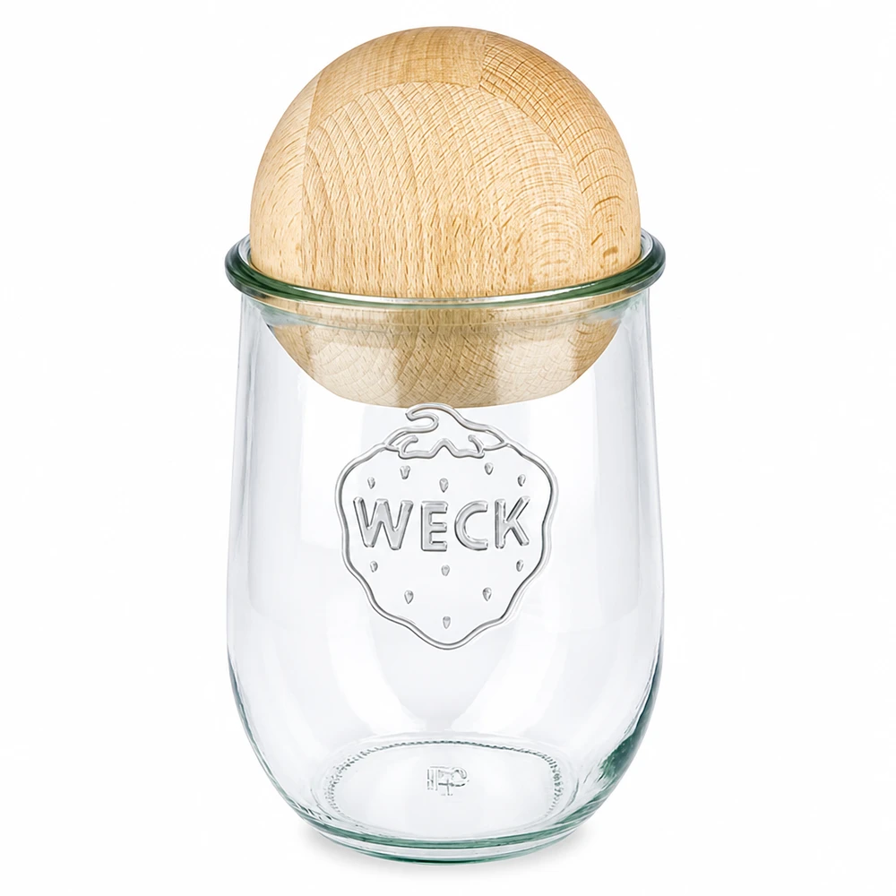 WECK Tulpenglas 1062ml RR100 mit Buchenkugel Holzdeckel Einmachglas Vorratsglas aus recyceltem Glas