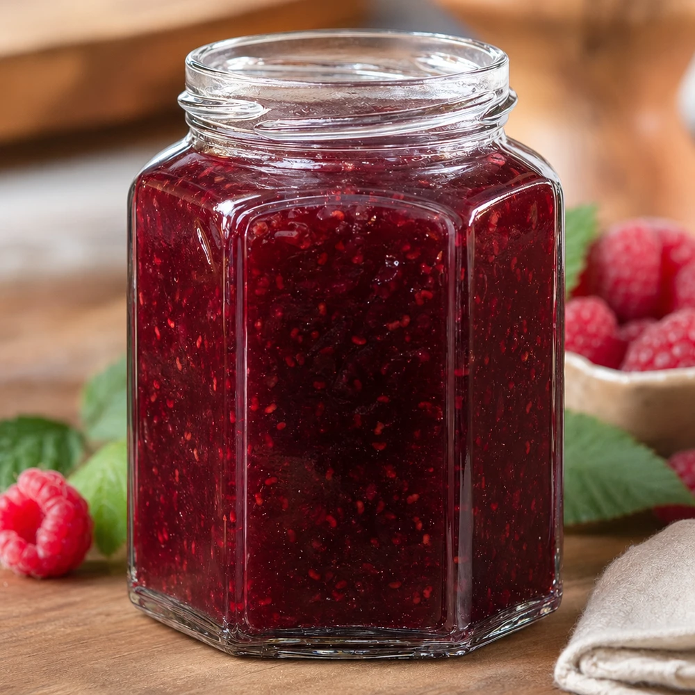 Šestihranná sklenice o objemu 288 ml bez víčka (TO63) UNiTWIST UNiTWIST Hexa288 sechseckiges Marmeladenglas 288ml mit roter Himbeermarmelade gefüllt auf Holztisch