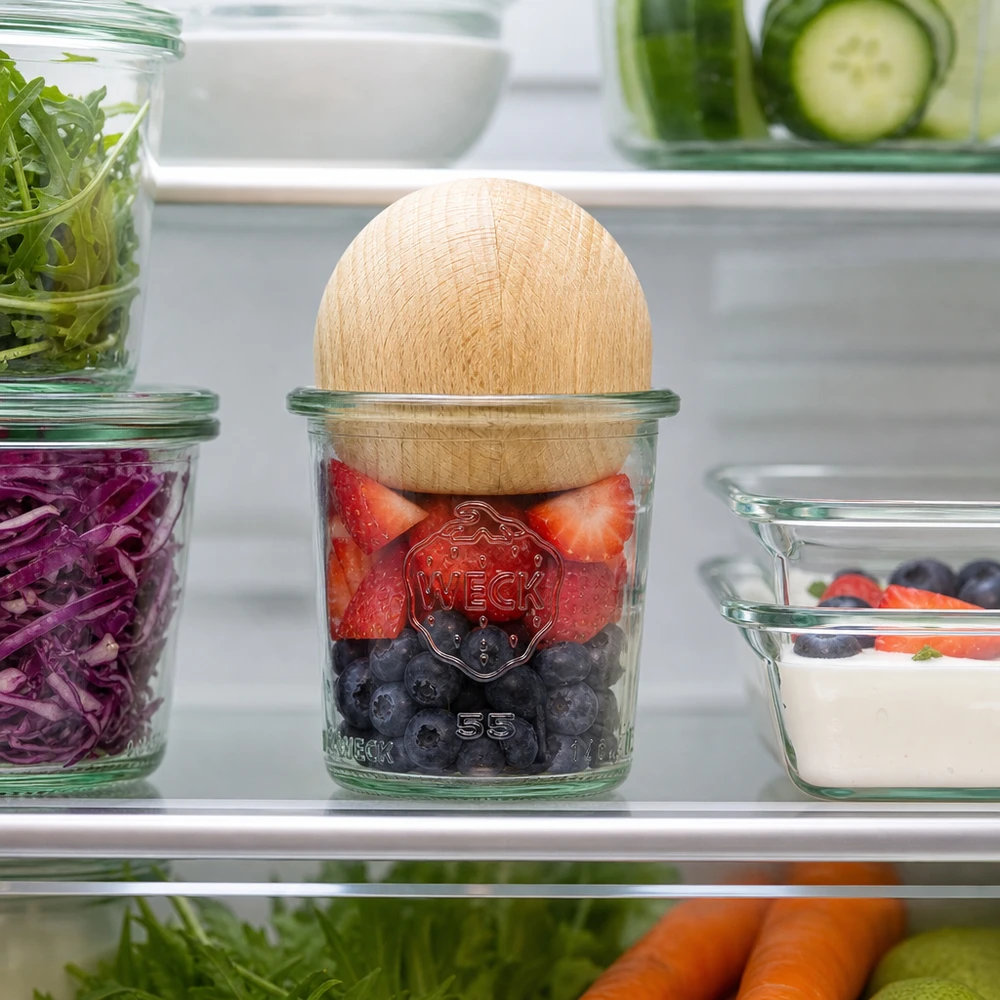 WECK Glas 140ml RR60 im Kühlschrank mit Beeren gefüllt, Holzkugel-Deckel aus Buche zwischen frischen Lebensmitteln