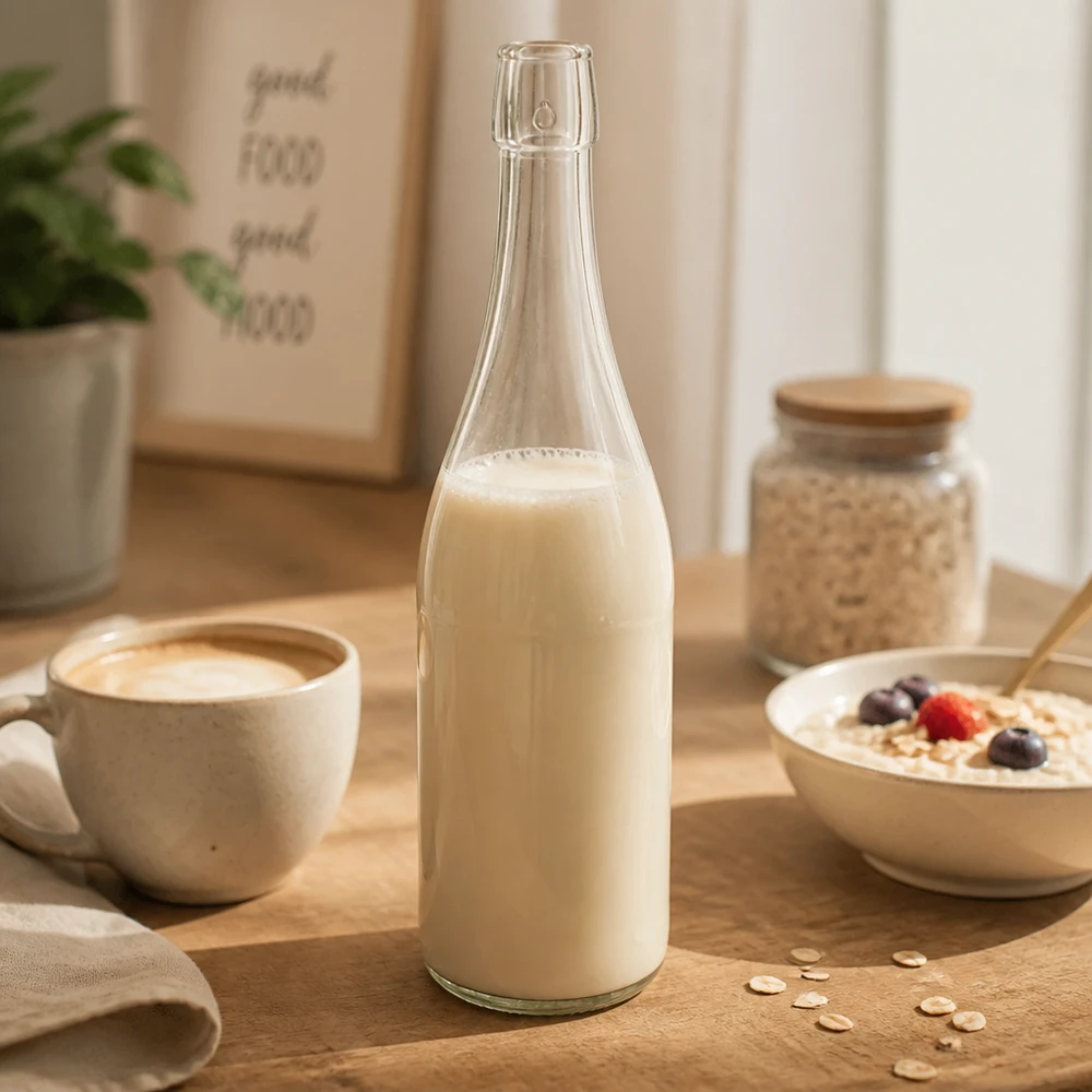 Skleněná láhev o objemu 750 ml bez výklopného víčka UNiTWIST 750ml UNiTWIST Glasflasche mit Hafermilch befüllt neben Kaffeetasse Müslischale Frühstückstisch Lifestyle Szene