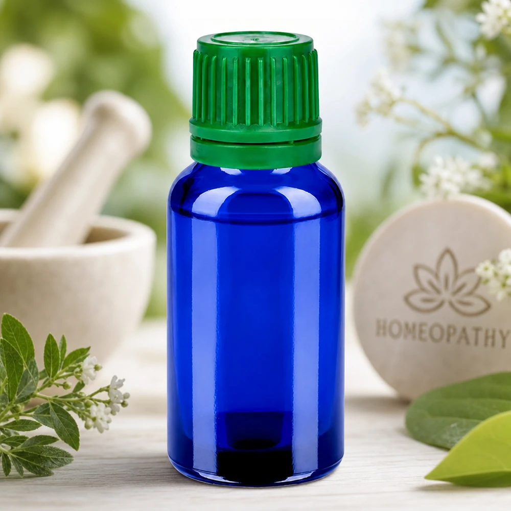 20ml láhev 11mm šroubovací uzávěr zelený s ochranou proti manipulaci BlueLine UT18/20 Professionelle 20ml Glasflasche Serie BlueLine für Apotheken und Naturheilpraxis