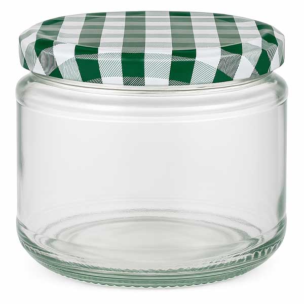 330ml Rundglas mit grün-weiß kariertem BasicSeal Deckel, leeres Einmachglas für Lebensmittel und Konserven