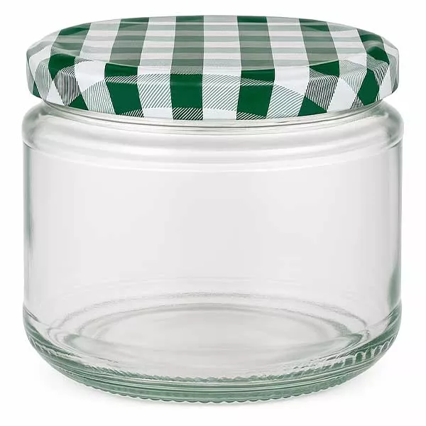 330ml kulatá sklenice + víčko BasicSeal zelené/bílé UNiTWIST 330ml Rundglas mit grün-weiß kariertem BasicSeal Deckel, leeres Einmachglas für Lebensmittel und Konserven