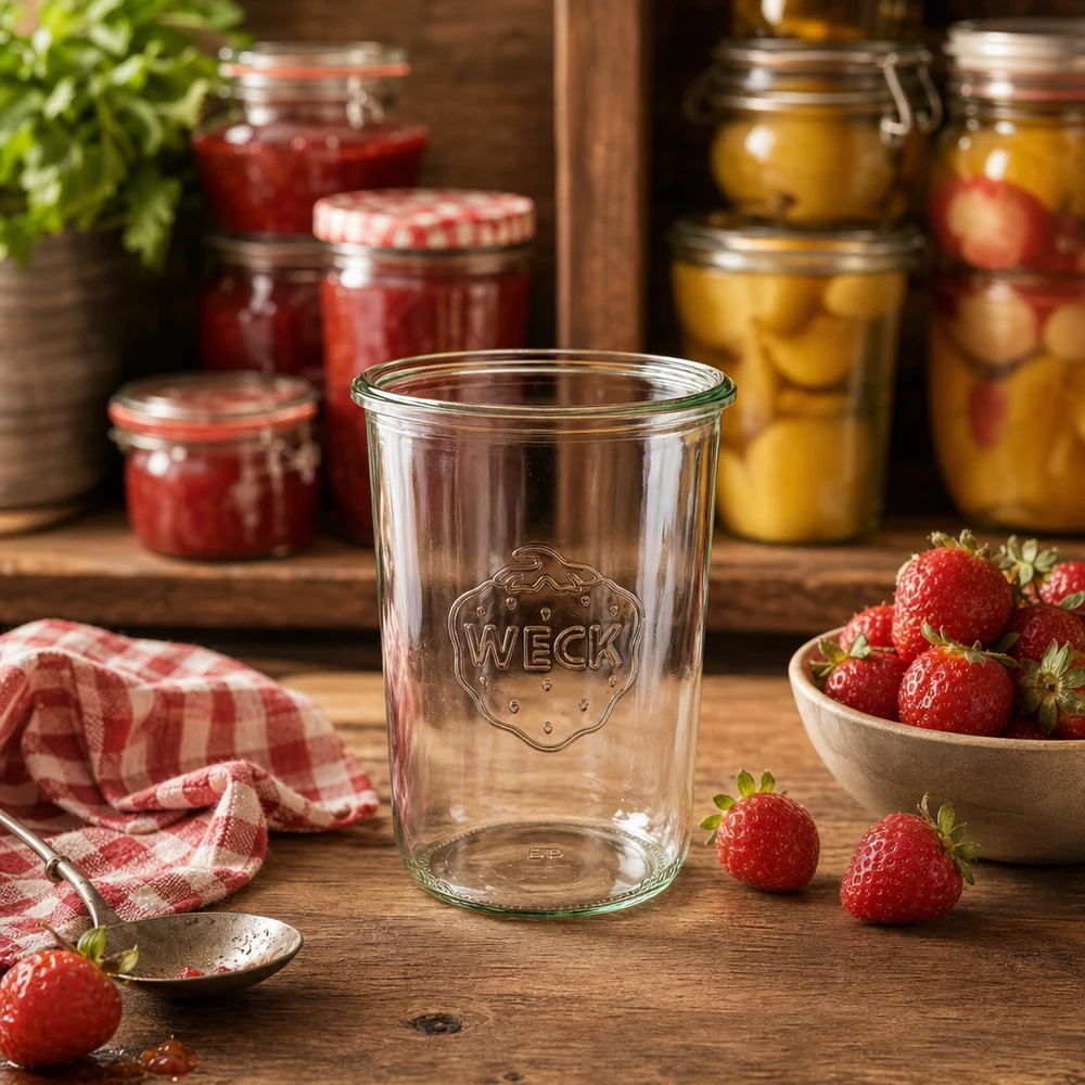 850ml tumble jar WECK RR100 s dřevěným dřevem. 850ml WECK Sturzglas RR100 Einmachglas transparent mit Logo auf Holztisch neben frischen Erdbeeren und Marmeladengläsern