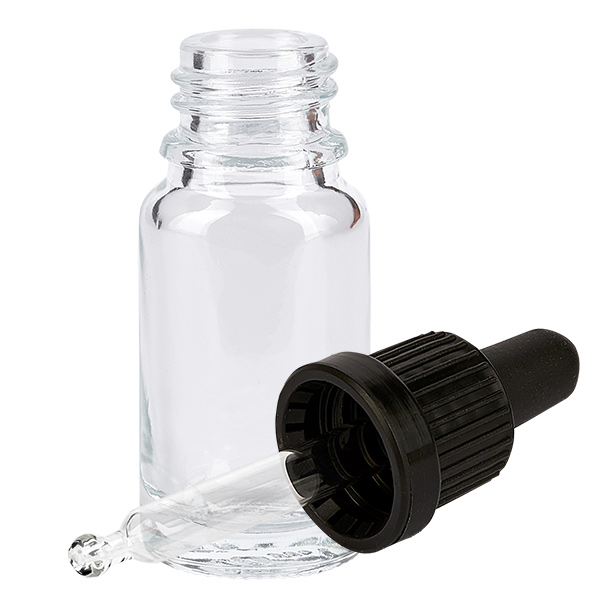 Klarglas Tropfflasche 10ml mit schwarzem Rillendeckel und Glaskapillare ClearLine Serie
