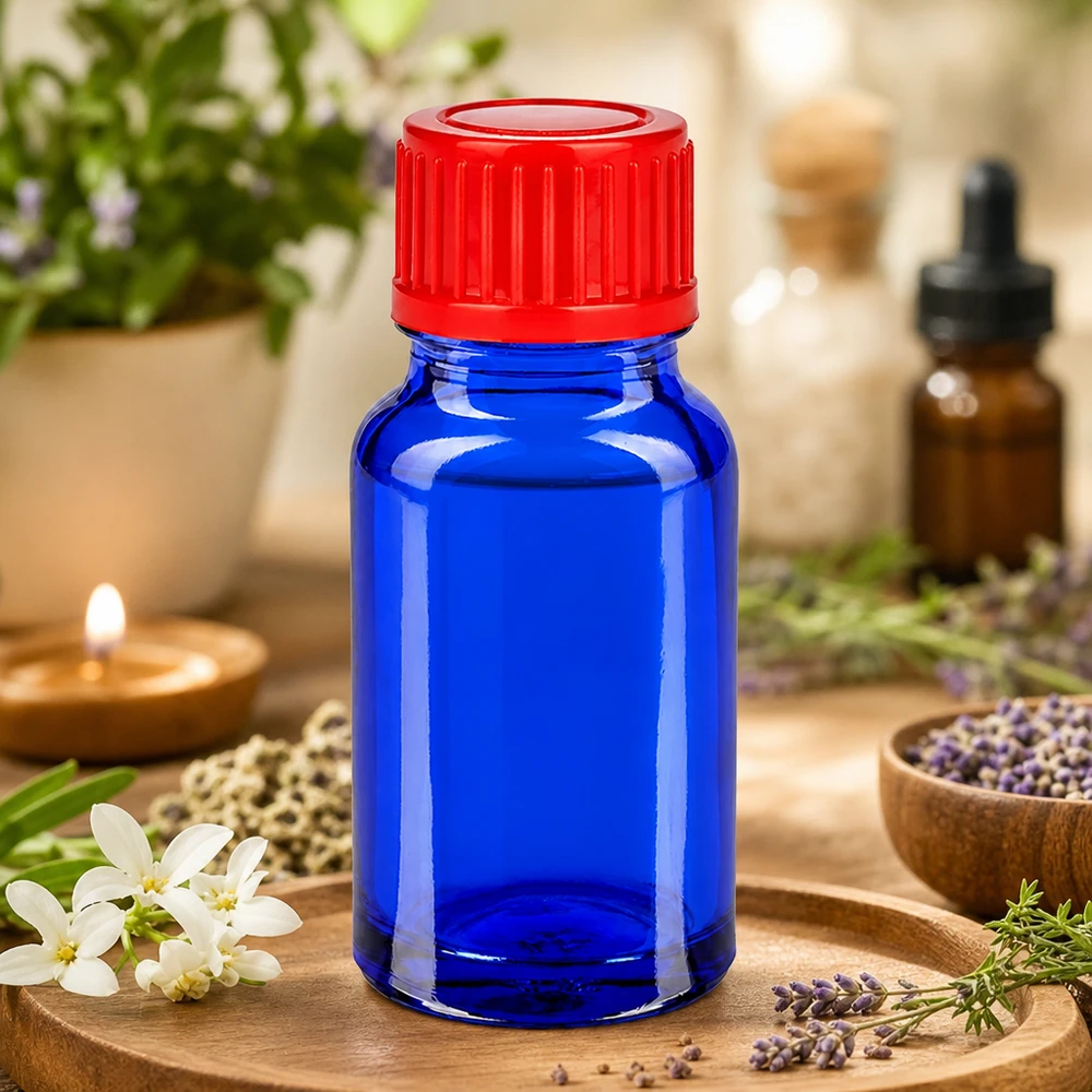 10ml láhev 11mm šroubovací uzávěr červená standard BlueLine UT18/10 Robuste 10ml Flasche aus dickem Glas mit rotem Sicherheitsverschluss für Langzeitlagerung