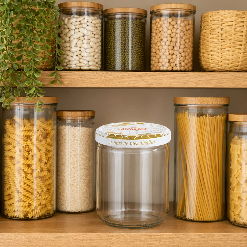Leeres 212ml Le Parfait Honey Vorratsglas zwischen gefüllten Vorratsdosen in organisierter Küchenregal-Aufbewahrung