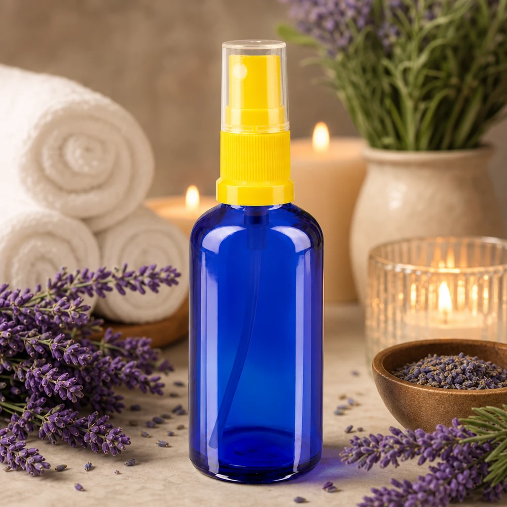 Aromatherapie-Sprayflasche Blauglas 50ml mit gelbem Aufsatz neben Kerzen und Lavendeldeko