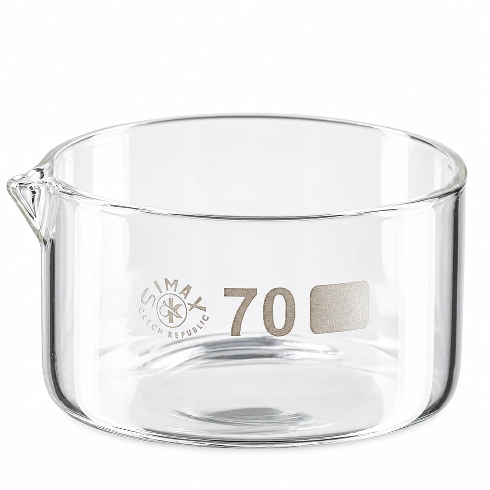 100ml krystalizační miska s výlevkou borosilikátová ø70mm Borosilikatglas Kristallisierschale ø70mm hitzebeständig transparent mit Ausguss 100ml