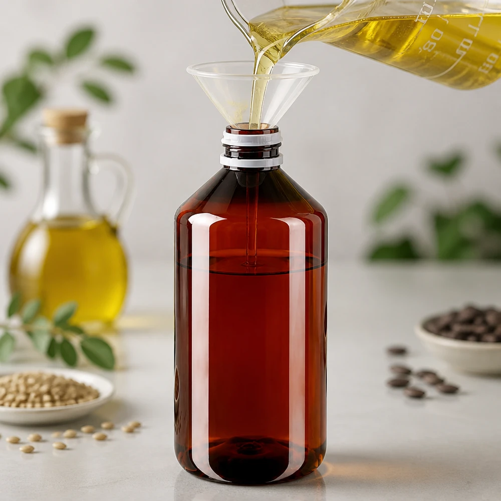 Jantarově zbarvená PET láhev o objemu 750 ml při plnění žlutým olejem pomocí trychtýře