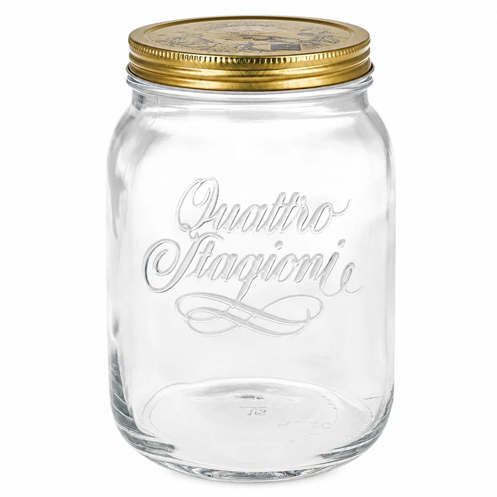 2000ml kulatá sklenice "Quattro Stagioni" s víčkem 2000ml Rundglas Quattro Stagioni mit goldenem Schraubdeckel - Einmachglas aus klarem Glas für Konservierung