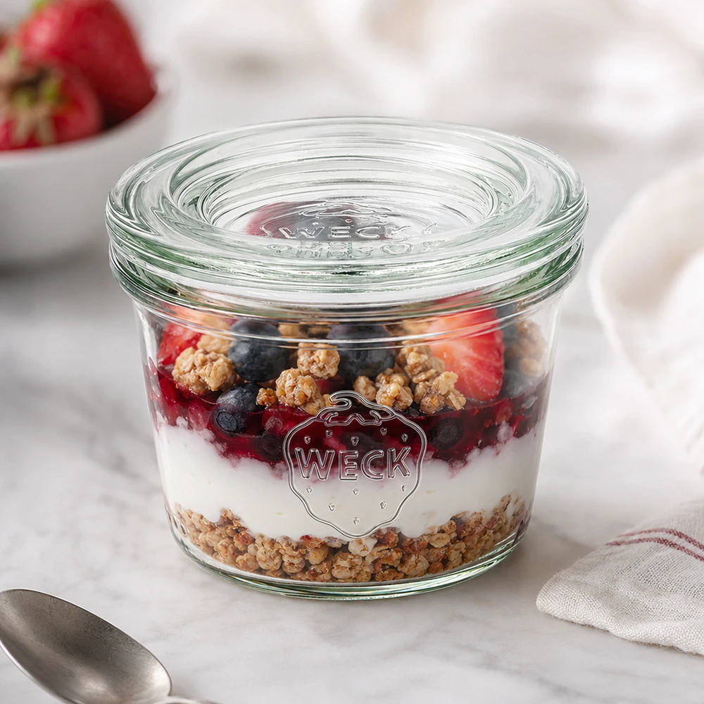 35ml kelímky se skleněným víčkem WECK RR40 WECK Sturzglas 35ml RR40 mit Joghurt Müsli und Beeren als Dessert im Glas auf weißer Marmorplatte dekoriert