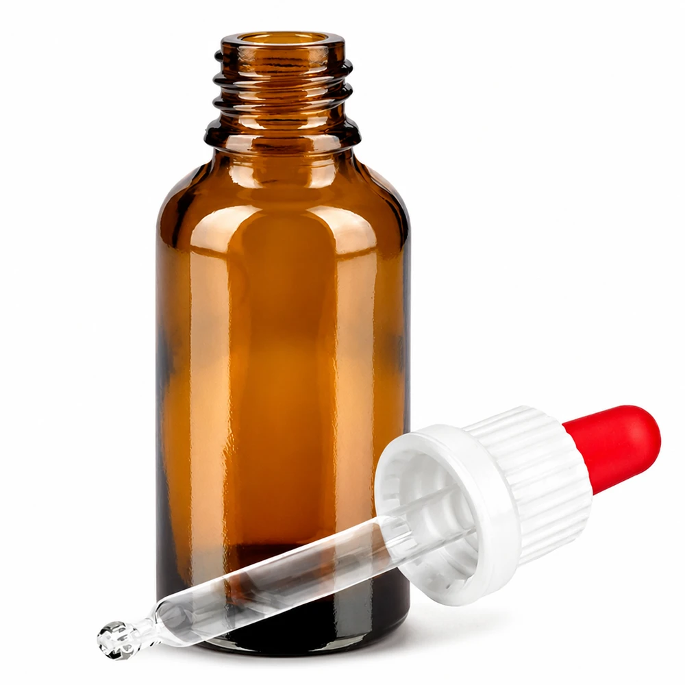 30ml braune Glasflasche mit weißem Schraubverschluss und Glaspipette für laborgerechte Dosierung