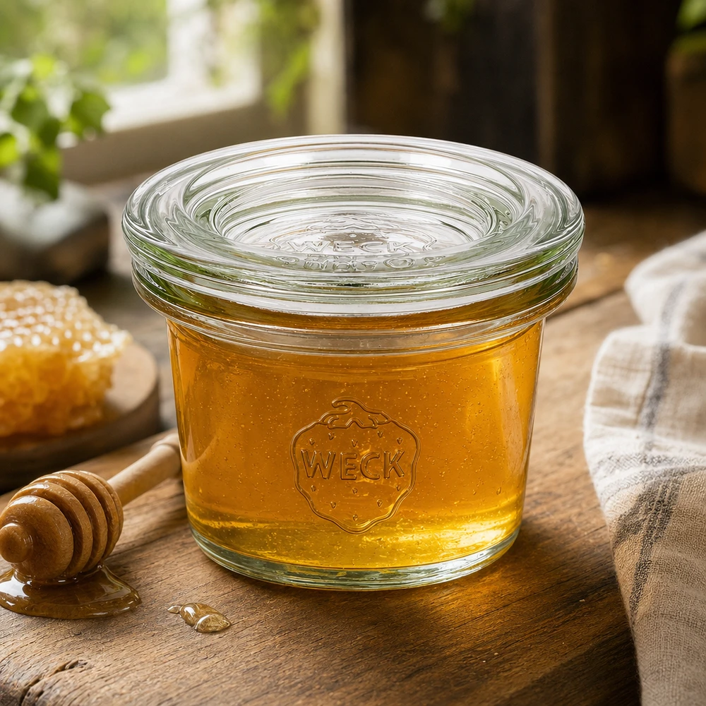 35ml kelímky se skleněným víčkem WECK RR40 WECK Sturzglas 35ml RR40 mit Honig befüllt auf Holzbrett mit Honiglöffel und Waben im natürlichen Ambiente