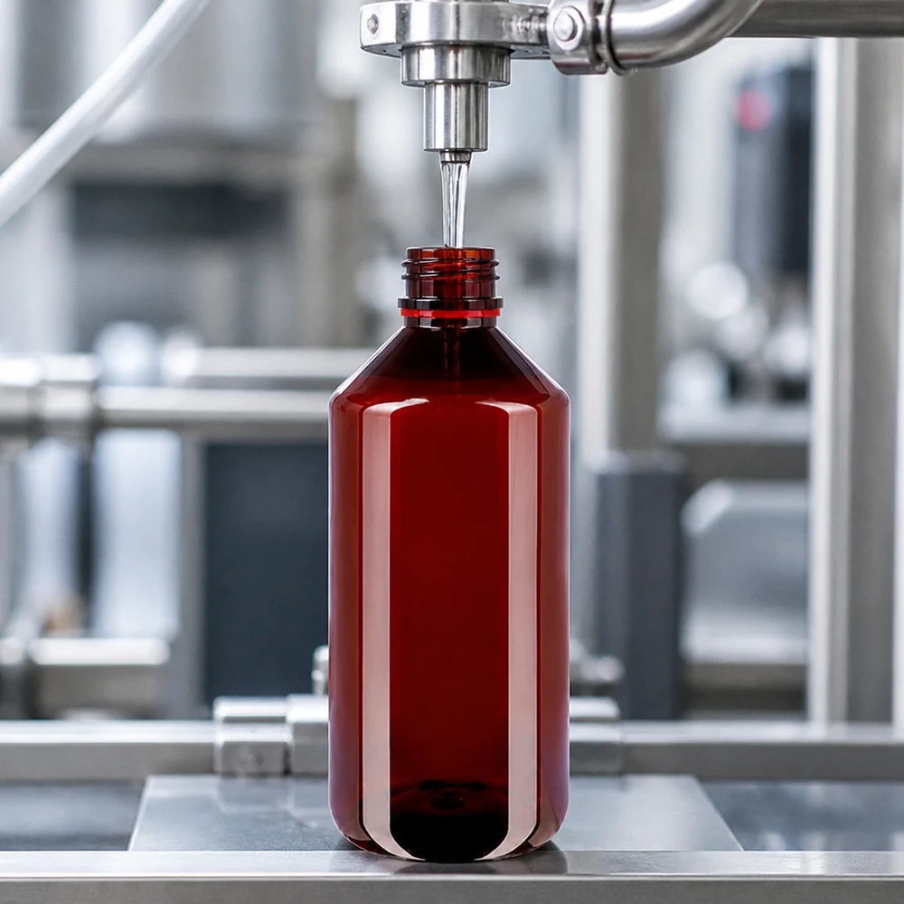 PET láhev 1000ml s bílým/červeným uzávěrem s ochranou proti manipulaci. Plnicí linka průmyslově plní hnědé PET láhve o objemu 1000 ml s originálním červeným uzávěrem