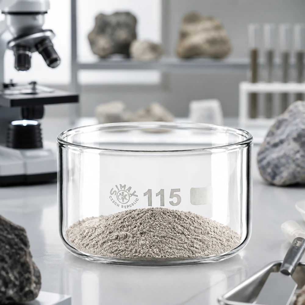 500ml krystalizační miska bez výlevky borosilikátová ø115mm Flache Glasschale 115mm mit aufgehäuftem grauem Pulver zur mineralogischen Analyse