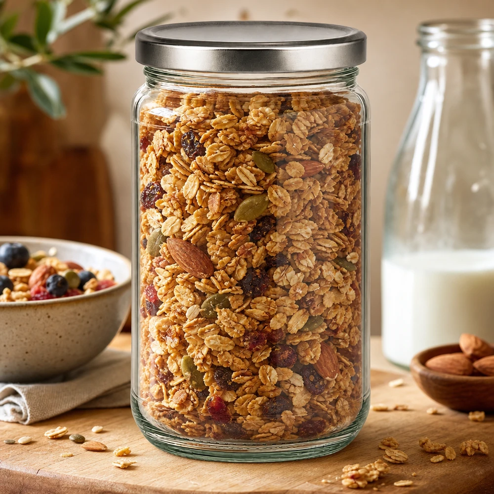 305ml Rundglas mit BasicSeal Deckel silber gefüllt mit Müsli und Nüssen als Vorratsglas in natürlicher Küche