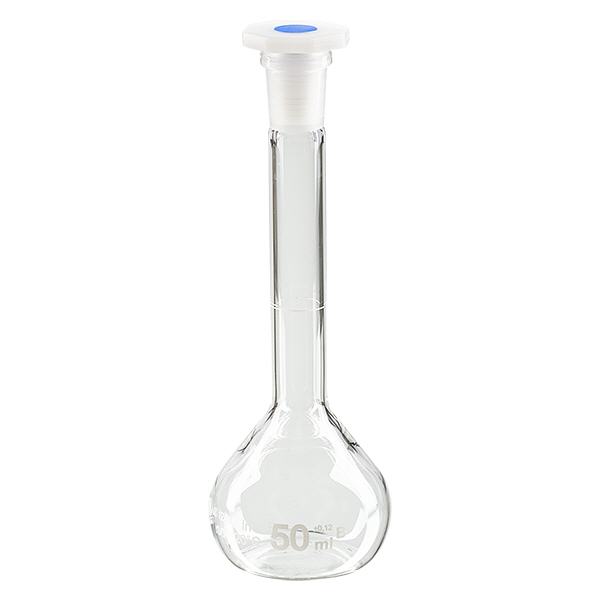 Odměrná baňka 50 ml se standardním broušeným spojem a PEHD zátkou Odměrná baňka 50 ml se standardním broušeným spojem a PEHD zátkou