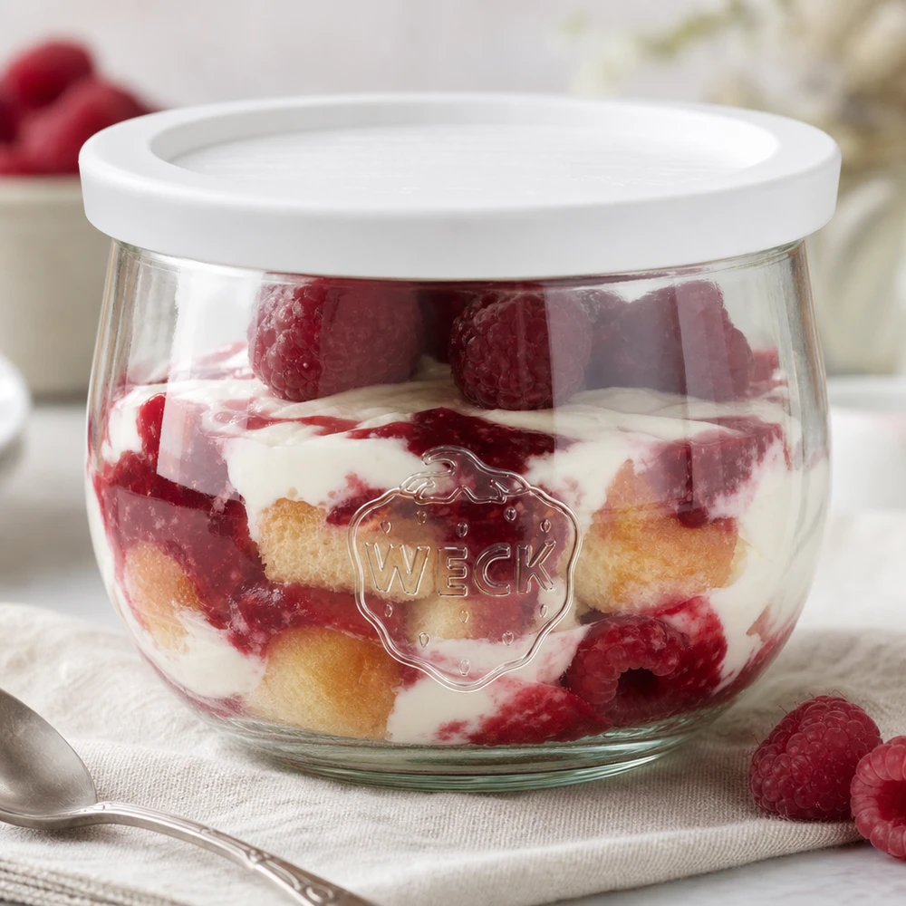 580ml tulipánová sklenice se skleněným víčkem WECK RR100 WECK Tulpenglas 580ml mit Frischedeckel als Dessertschale für Schichtnachspeise mit Himbeeren und Sahne