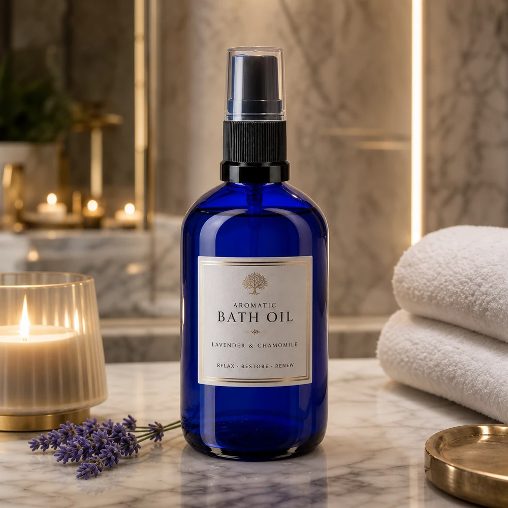 Lékárenská lahvička modrá 100ml rozprašovací víčko černá Blaue 100ml Sprühflasche aus Apothekerglas mit transparenter Schutzkappe und Kerzenambiente