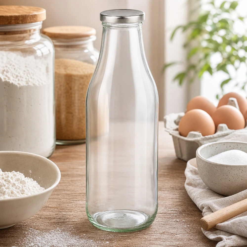Glasflasche 1000ml in stilvoller Küchenumgebung mit Backzutaten und Dekoration für den täglichen Gebrauch