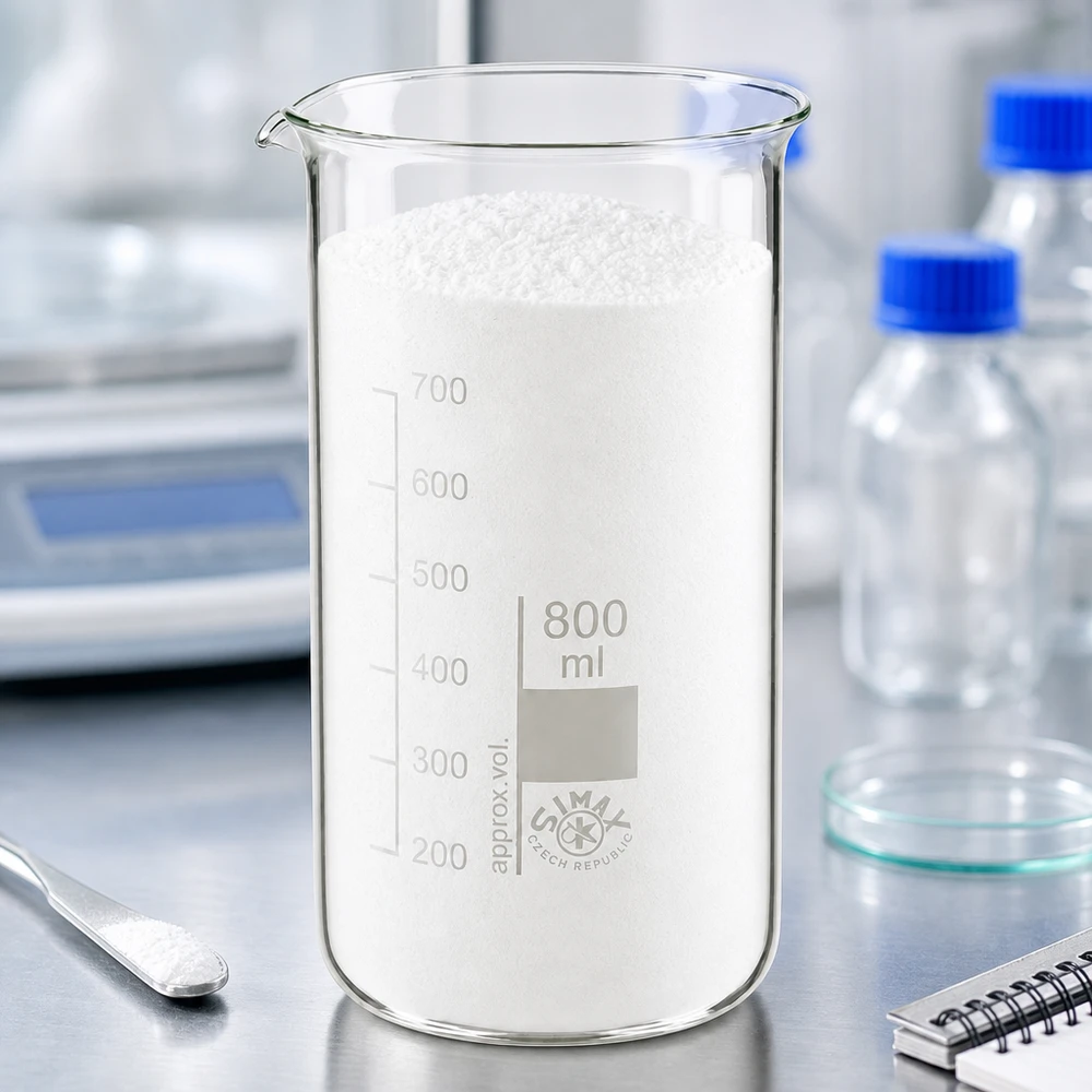 Kádinka 800ml z borosilikátového skla, vysoký tvar Becherglas 800ml hohe Form aus klarem Borosilikatglas mit weißem Laborpulver befüllt