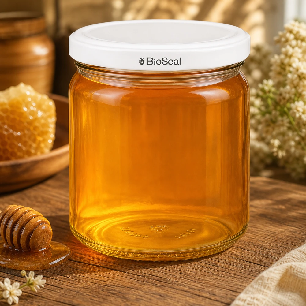 Kulatá sklenice o objemu 408 ml s bílým víčkem BioSeal UNiTWIST UNiTWIST Runda408 mit goldenem Honig gefüllt - traditionelle Honiglagerung im Glasgefäß mit weißem TO82 BioSeal
